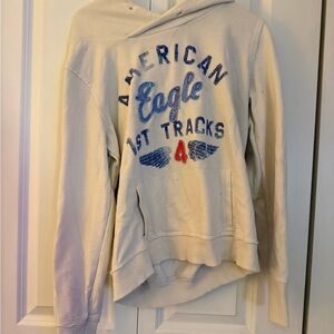 American Eagle Outfitters Cream Pullover Hoodie with Navy Label
